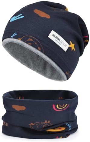 beifon Kinder Beanie Mütze & Loop Schal Set, 95% Baumwolle Mütze Schal Set Mädchen Jungen 2-8 Jahren, Schlauchschal Warme Wintermütze Strickmützen für Herbst Winter Frühling