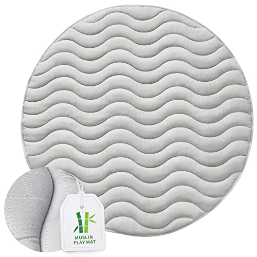 Play Mat Round 47×47, Muslin Kids Play Mat, One-Piece Crawling Mat for Baby & Toddler to Play on Floor, Non Slip, Wave Quilting, Grey