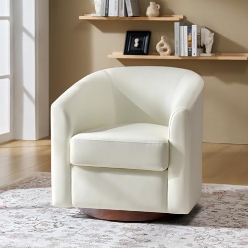 Image of HULALA HOME Faux Leather Swivel Accent Chair with Solid Wood Base, Round Swivel Barrel Chair for Living Room and Bedroom, No Assembly Required, White