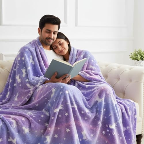 Image of Famyo Glow in The Dark Winter Blanket | Soft & Cozy Flannel Fleece Throw | Blanket for Winter Double Size, | Perfect All-Season Warm Blanket for Double /Queen Bed (Purple Unicorn, 200x152 cm)