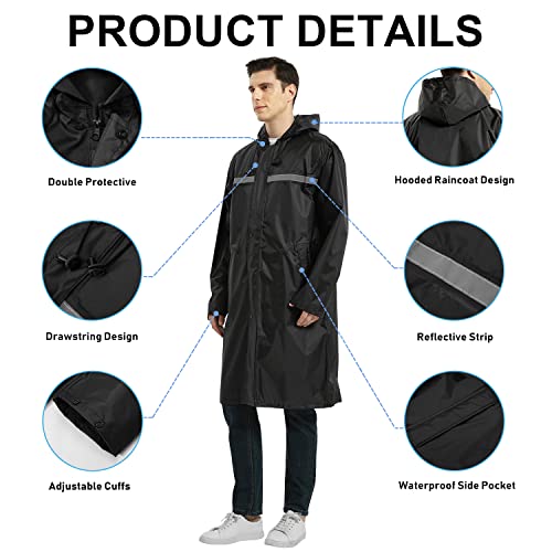 Men’s Waterproof Hooded Raincoat, Lightweight Packable Windproof Long Rain Jacket with Reflective Strip2
