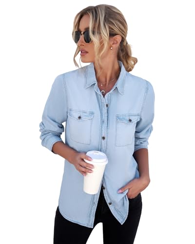 Vetinee Women's Light Blue Button Down Denim Shirt Collared Classical Casual Vintage Retro Long Sleeve Pockets Tunic Fall Tops Blouse Size Large - image 5