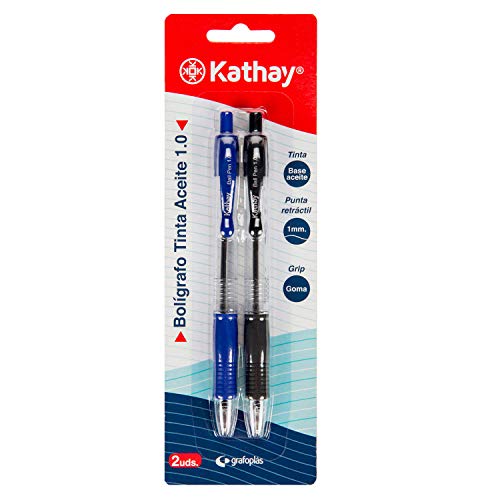 Kathay 86210399. Pack de 2 Bol�grafos de Clic, Tinta Azul y Negra, Base Aceite, Punta 1mm, Perfectos para tu Material Escolar y Oficina