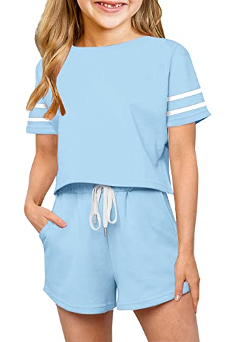 Haloumoning Girls Summer Crop Tops And Shorts Set Cute Color Block Two Piece Outfits Casual Sweat Tracksuit With Side Pockets #TOP14