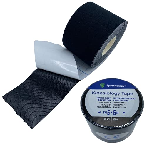 SPORTHERAPY Bande de Kinésiologie pour le Taping Sportif et Professionnel | DISPOSITIF MÉDICAL CERTIFIÉ | Ruban Physiothérapeutique Coloré | Adhésif, Respirant et Hydrofuge | 5cm x 5m (Noir Unique)