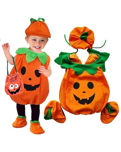 UNICLOUND Toddler Baby Halloween Pumpkin Costume with Filler, 3D Cute Pumpkin Romper, Hat, Booty, with Handbag for Little Girl Boy Halloween Carnival Party Gift (Orange, 12-24 Months)