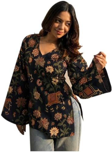 ANNI DESIGNER Women's Viscose Printed Regular Short Kurti for Women (Saradi Black-SK_M_Black_M)
