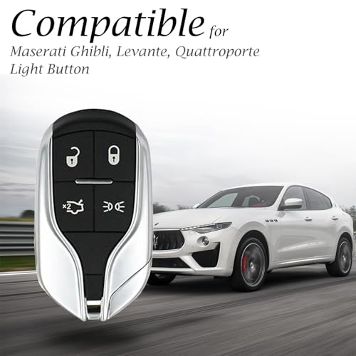 Image of Vitodeco Genuine Leather Smart Key Fob Case Cover Protector with Key Chain Clip - Compatible for Maserati Ghibli, Levante, Quattroporte - Light Button, Black