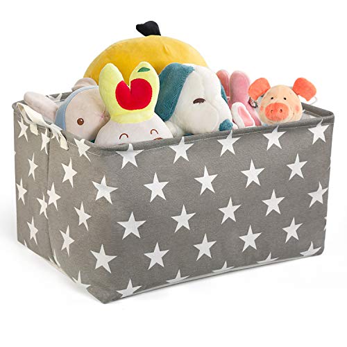 NEWSTYLE Foldable Canvas Fabric Storage Basket,Square Canvas Toy Storage Bins Basket with Handle Toy Organizer for Pet/Kids Toys, Books, Clothes Perfect for Kid Rooms/Playroom/Shelves (Star)