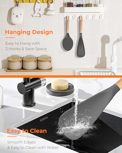 FINENUT Cooking Spoon Multifunction Spoonula Silicone Spatula Spoon 2-Pack, Dual-Use Heat Resistant 446°F, BPA-Free Non-Toxic Wooden Handle Rice Spoon Set for Non-Stick Cookware & Rice Cookers (Gray) — view 6