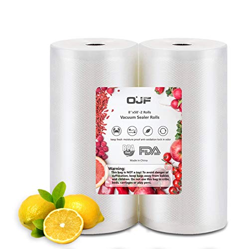 OJF Vacuum Sealer Bags Rolls for Food 2 Pack 8’’×50’ Heavy Duty Safe Commercial Grade BPA Free Compatible With Foodsaver Seal A Meal Vacuum Bags Total 100 Feet Vacuum Freezer Bags Great For Sous Vide