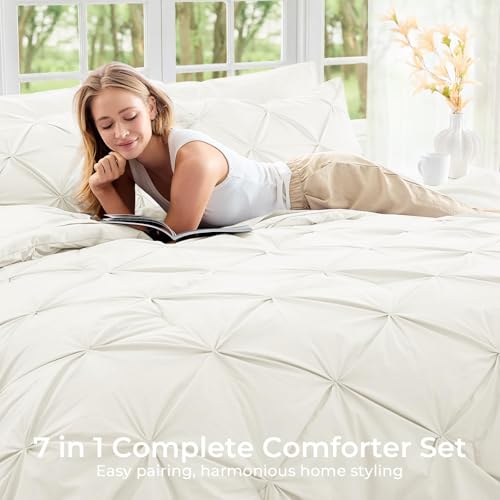 Image of Sasttie Queen Comforter Set, 7-Piece Bed in a Bag, Pintuck Bedding Sets for All Season, Includes Comforter, Flat Sheet, Fitted Sheet, Pillowcases and Pillowshams, Ivory