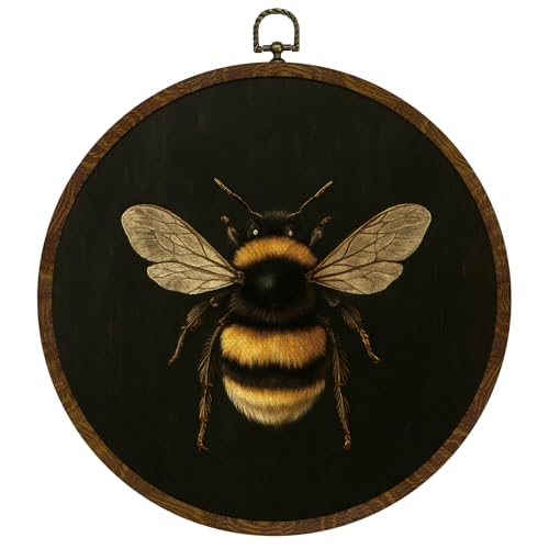 KLYTINK Vintage Bee Round Wall Art,Botanical Insect Canvas Print with Frame, Bee Dark Floral Naturalist Decor for Kitchen, Study, or Bedroom 10''x10'' (bee-01)