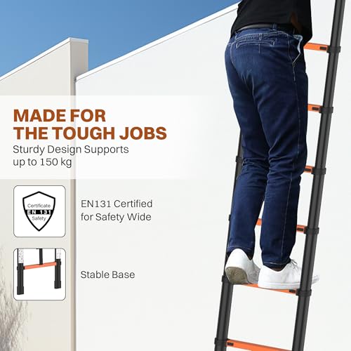 Image of BonKaso Telescopic Ladder, 4.4m / 14 Ft, 15 Steps - Heavy-Duty Foldable Alloy Steel Ladder | Anti-Slip, 150kg Load Capacity, Rustproof & EN131 Certified - Matt Black & Orange