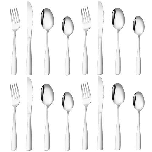 Image of aDai Sterling Silver Silverware Set, Satin Finish | 16-Piece Stainless Steel Flatware Set | Dishwasher Safe Kitchen Cutlery for Home, Restaurant & Gifting