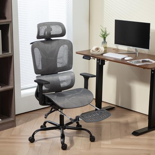 Image of ECOTOUGE Mesh Ergonomic Office Chair with Footrest, High Back Mesh Gaming Chair with Lumbar Support, Adjustable Headrest and Armrests for Home Office Desk Chair, Grey