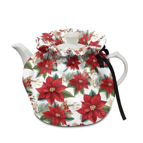 Image of Tea Cosy Christmas Poinsettia Flower Tea Pot Dust Cover, Floral Kitchen Teapot Cover with Insulation Pad Washable Tea Kettle Dust Cover Christmas Decorations for Kitchen Tabletop