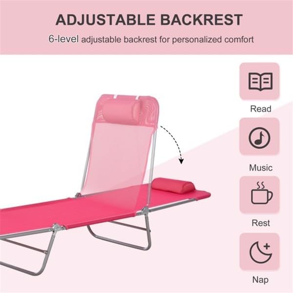 Generic Folding Chaise Lounge Chair, Portable Folding Chaise Lounge Pool Chair with Reclining Back, Breathable Mesh Seat, Headrest, Outdoor Lounge Chair for Beach, Yard, Patio, Pink, Silver