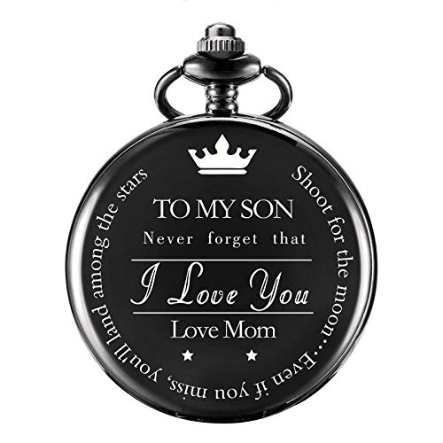 TREEWETO Pocket Watch | Mother and Son - Graduation, Christmas, Valentines, Birthday Gifts - Engraved 'to My Son Love Mom' - Black