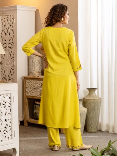 Image of INDO ERA Women's Viscose Rayon Animal Embroidered A-Line Calf Length Kurta & Palazzo Set (IEOUT12072)