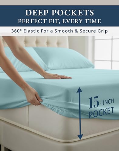 Image of LANE LINEN King Top Sheets Only 100% Egyptian Cotton Sateen - Blue Sky | King Size Bed Sheets Deep Pockets - 4-Piece Set, For A Luxurious Night's Sleep, For Guests And Everyday Use, Plush