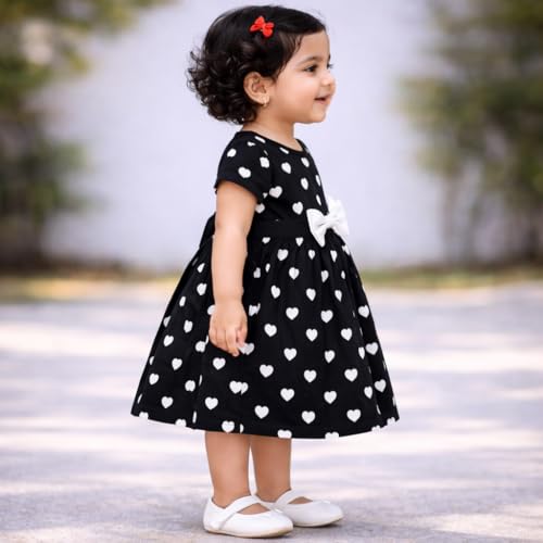 Image of Babeezworld Cotton Baby Girl Dress - Knee Length fit and Flare Dress Frock jhabla (Black; 1-2 Years)