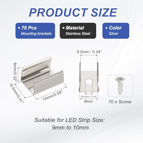 Image of PATIKIL LED Strip Clips, 70pcs Stainless Steel Mounting Brackets Fixing Clip Clamp Support Holder with Screws for 9mm to 10mm LED Strip Lighting Cable