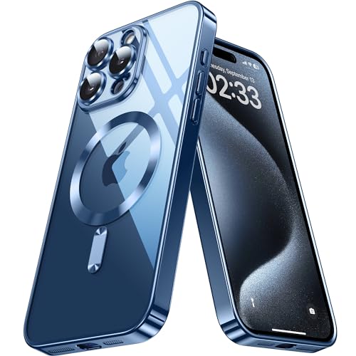 Waldeng Official Color Match for iPhone 15 Pro Case with Integrated Camera Lens Protector, [Compatible with MagSafe][Mil-Grade Shockproof], Crystal Clear Phone Cover 6.1' 2023 New, Blue Titanium