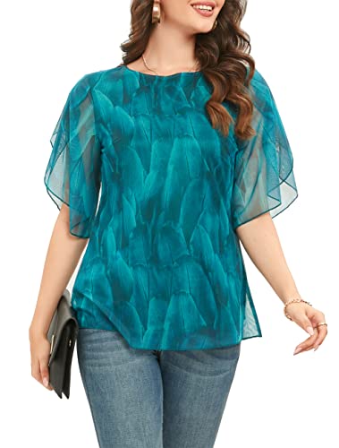 Image of Oyamiki Womens Half Sleeve Layered Flowy Chiffon Blouses Round Neck Shirts Tops