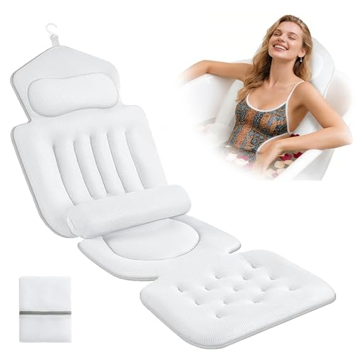 Cnwinu Badewannenkissen Ganzkörper Badewannenmatte mit Kissen und Lendenwirbelstütze mit Saugnäpfebad Anti-Rutsch und Hängehaken Schnelltrocknend Badekissen für Badewanne 133x40cm
