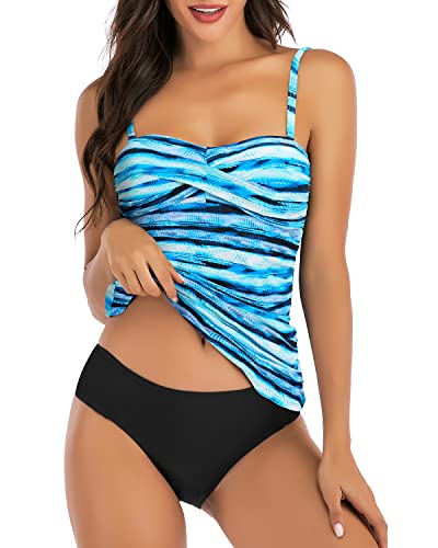 Shuangyu Women Bandeau Tankini Swimsuit Front Twist Bikini Top Swimwear Ruched High Waisted Bottom Tummy Control Bathing Suits Color Blue Stripes M
