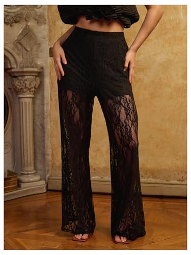 SOLY HUX Women's Plus Size Lace Mesh Pants High Waisted Sheer Flare Leg Party Pants Clubwear3