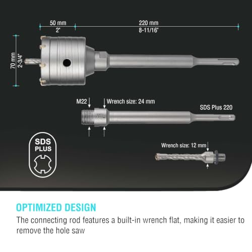 Image of BINOTA 70 mm (2-3 /4 inch) Concrete Hole Saw with SDS-Plus Shank | Tungsten carbide drill bit; SDS-Plus shank (220 mm); Cross-type center drill; Dry drilling for concrete /brick /stone /masonry