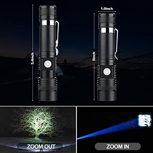 flintronic Lampe Torche Rechargeable USB, 2PCS Lampe de Poche LED, 4 Modes, Anti-Choc Étanche et Zoomable avec 2 Piles 18650 et Chargeur USB pour Ménage, Camping, Éclairage de Secours