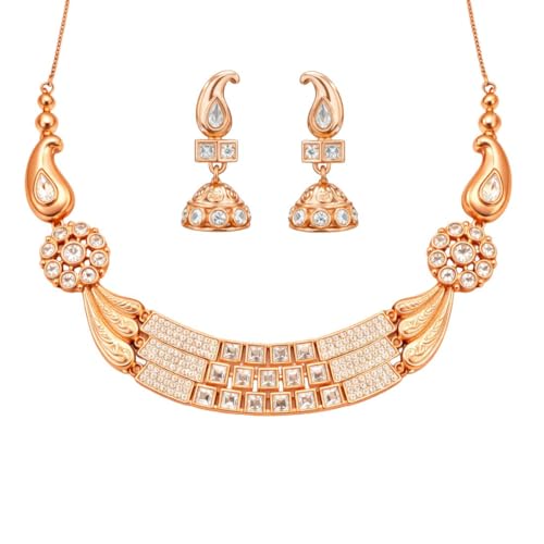 Image of Nilu's Collection Rose Gold Plated AD Stone Jewellery Set for Women, Girls | Special Ocassion, Wedding, Engagement, Dating | Anti Tarnish | Anti Allergy | Necklace and Earring Set | Gift for Her
