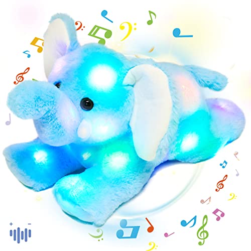 Image of Hopearl LED Musical Stuffed Elephant Lighting Up Singing Plush Toy Adjustable Volume Lullaby Animated Soothe Birthday Gifts for Kids Toddler Girls, Blue, 18''