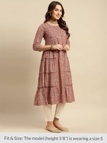 Image of rangita Cotton Calf Length Printed Tiered Flared Kurti for Women | Kurta for Women