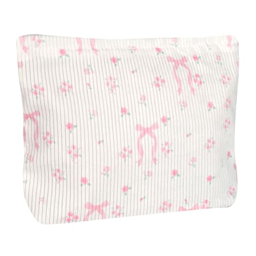 Ksriylm Cute Makeup Pouch for Women Flower Small Make Up Bag for Purse Zipper Initial Cosmetic Bags Pouches for Purse Aesthetic Travel Toiletrybags,Pink Bow Rose Floral