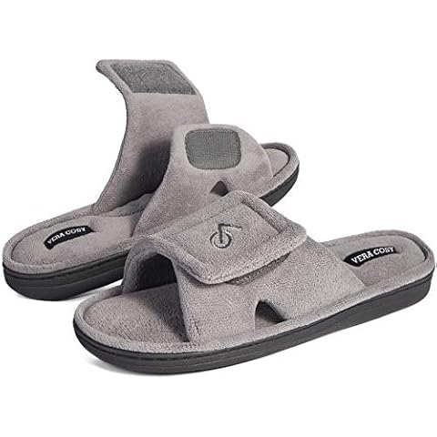 VeraCosy Men's Comfort Coral Velvet Open Toe Slippers with Adjustable Hook and Loop Grey, 8/9 UK Cover