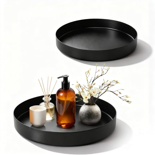 2 PCS Round Tray, Black Coffee Table Decor 20 cm and 25 cm Metal Candle Plate Decorative Serving trays for Parties Jewelry Perfume Home Decor