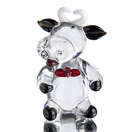 QFkris 2.5'' Blown Glass Cow Figurine Collectibles Mini Handmade Black Art Glass Farm Animal DIY Craft Ornament Home Decor