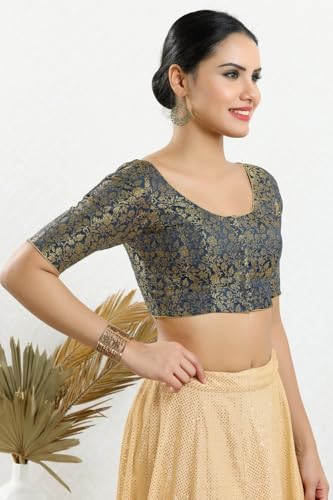 Image of Vamas Women's Brocade & Georgette Padded Self Design Half Sleeve Readymade Saree Blouse (X-1126.ELB)