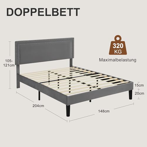 VECELO Polsterbett 140 x 200 cm Doppelbett Bettrahmen mit Höhenverstellbarem Kopfteil, Gepolstertes Bettgestell mit Lattenrost, Samtbezug, für Erwachsene & Jugendliche, Ohne Matratze, Grau