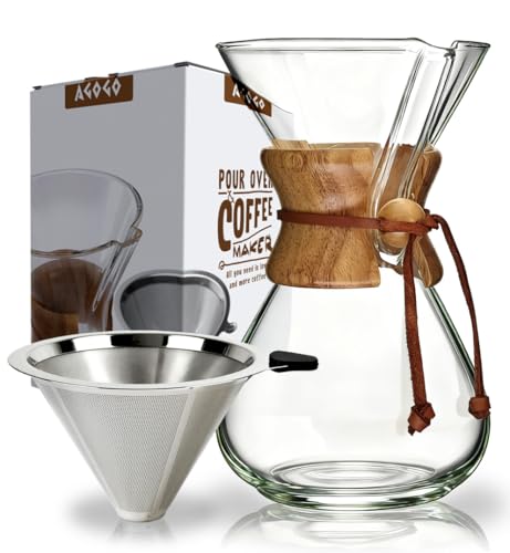AGOGO Pour Over Coffee Maker Glass - 6/8/10 Cup Barista Kit with 304 Stainless Filter for Home, Office, Camping, Cafes - Easy Clean Coffee Dripper Set (Rag&Brush Included) (8 Cup/28 oz)