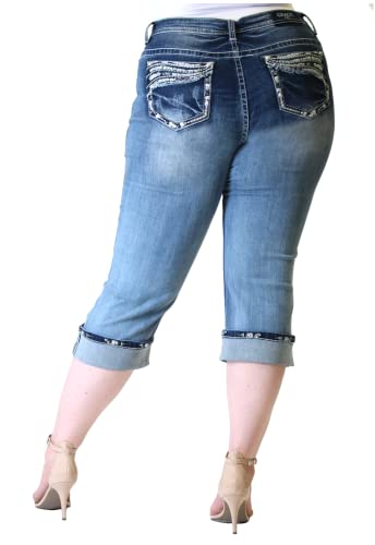 Grace in LA Mid Rise Easy Capri Cuffed Rhinestone Embellished Cropped Stretch Jeans