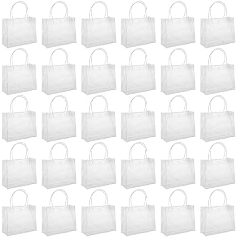 HOIGON 30 PCS 7.8 x6.2 x 3 Inch Clear Gift Bags With Handles, Reusable Transparent Gift Wrap Bags, Plastic Small Gift Bags for Merchandise, Retail, Small Business,Wedding, Birthday Party Favor Cover