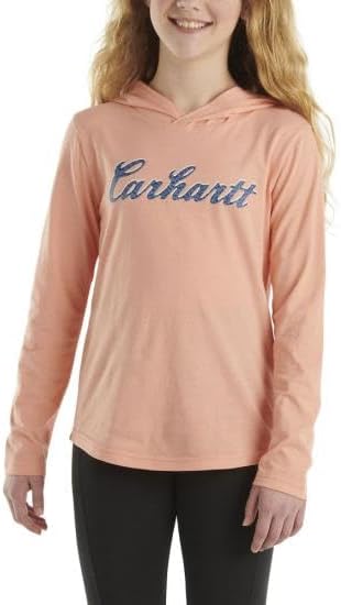 Carhartt Girls Long-Sleeve Hooded Cursive Logo T-Shirt, Peach Amber - Medium-10