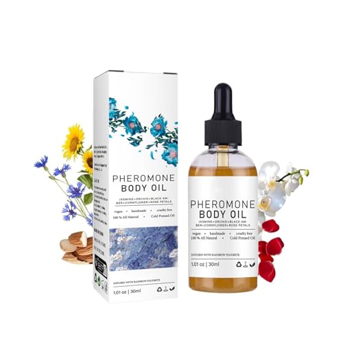 Aceite corporal de feromona para mujeres, aceite corporal perfumado con pétalos de rosa y aceites de almendras dulces, fragancia hidratante, duradera, refuerzo de confianza (30ml)