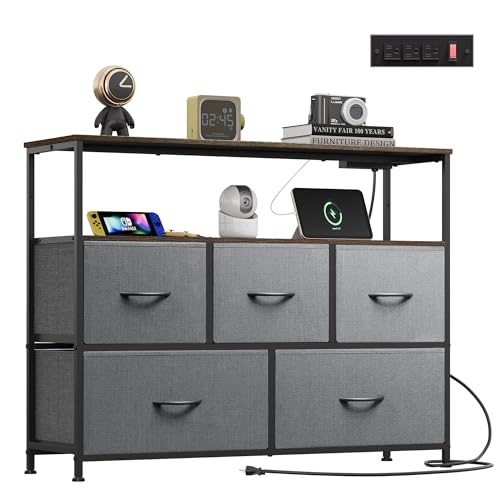 WLIVE 5 Drawer Dresser TV Stand for 45 Inch TV, Entertainment Center with Open Shelf and Power Outlet, Chest of Drawers for Bedroom, Living Room, Closet, Dark Grey