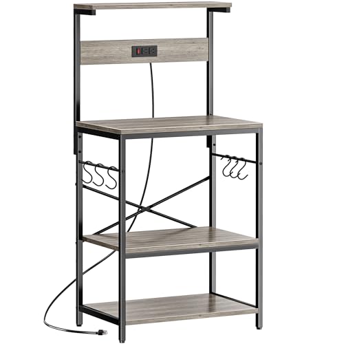 SUPERJARE Kitchen Bakers Rack with Power Outlet, Coffee Bar Table 4 Tiers, Kitchen Microwave Stand with 6 S-Shaped Hooks, Kitchen Storage Shelf Rack for Spices, Pots and Pans - Greige